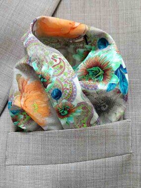 Gascoigne Hand Stitched Pocket Square Cotton Taupe Green Orange Floral Paisley